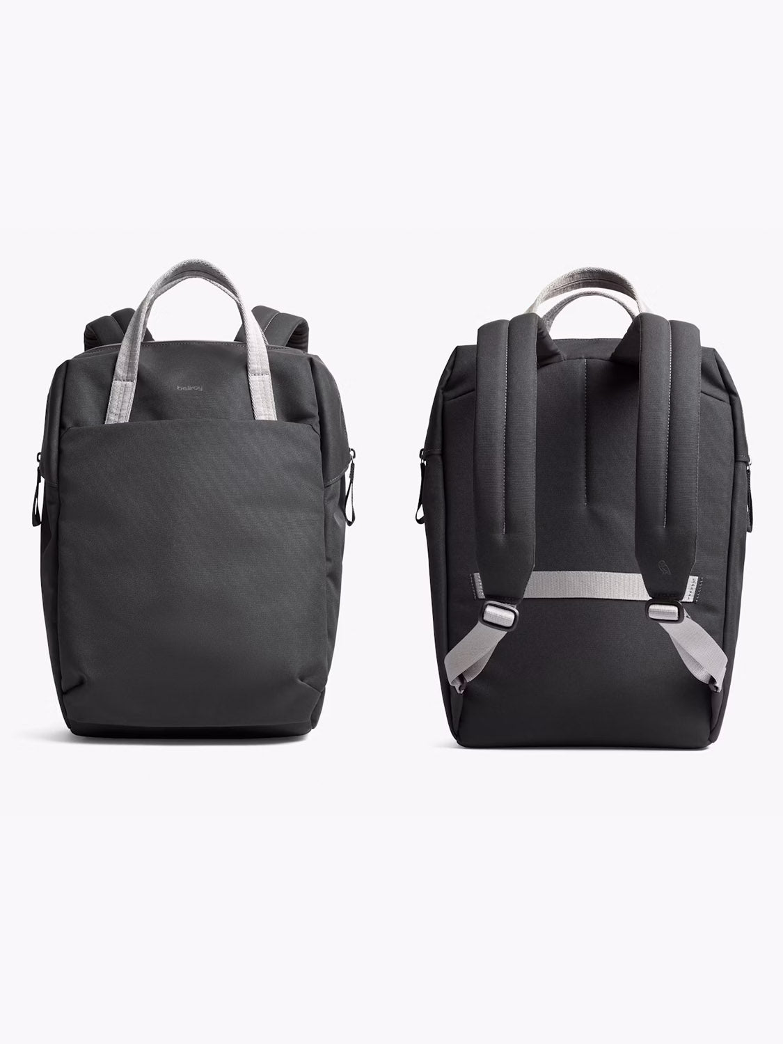 Two views of the Bellroy Via Workpack - 18L: the front features short handles and a smooth pocket, while the back has padded shoulder straps, a horizontal reflective strip, and water-resistant material—ideal for daily commuting.