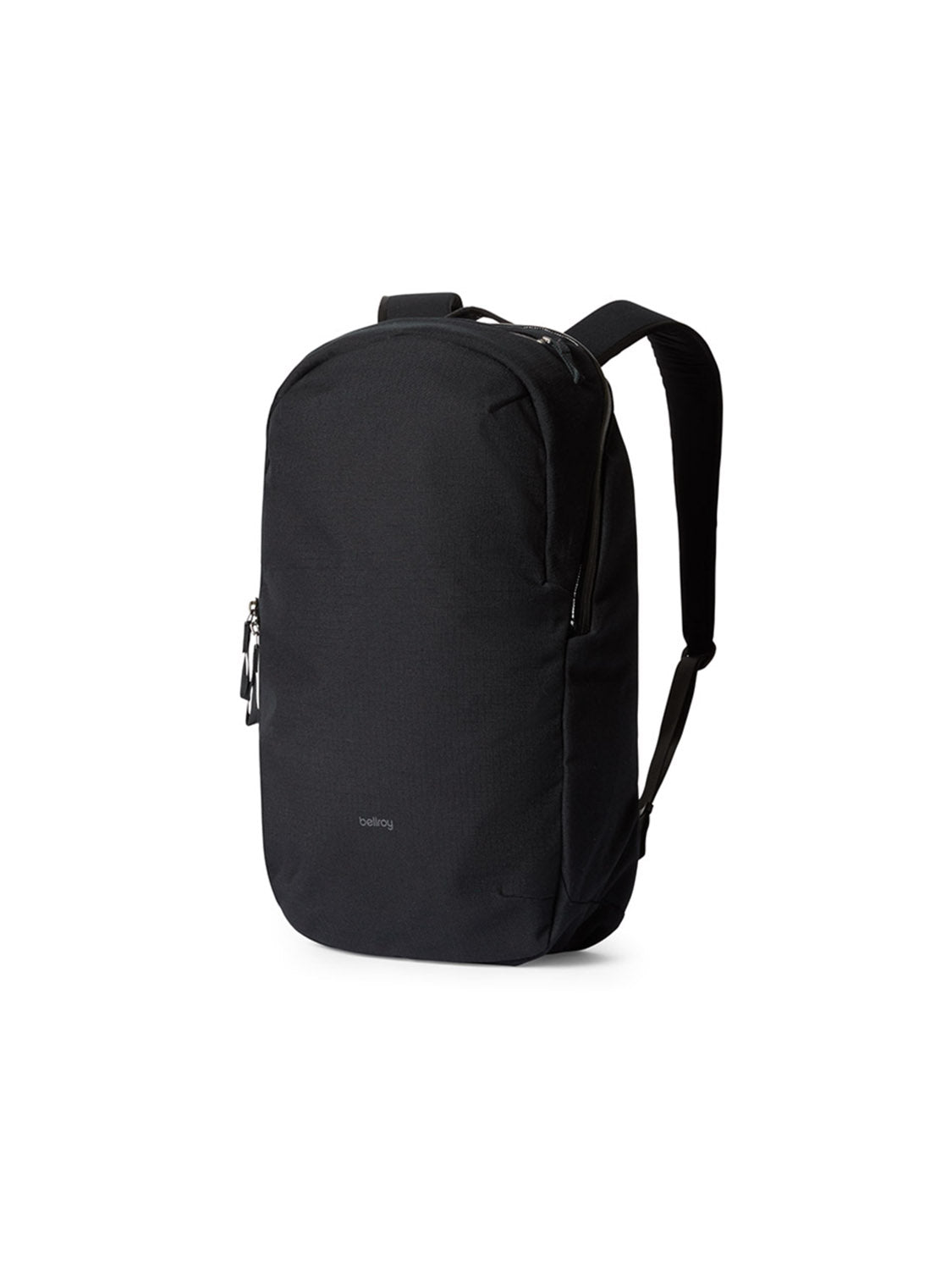 The Bellroy Via Backpack - 20L is a black, minimalist backpack with a slim profile, dedicated laptop sleeve, single main compartment, and adjustable shoulder straps, shown on a white background.
