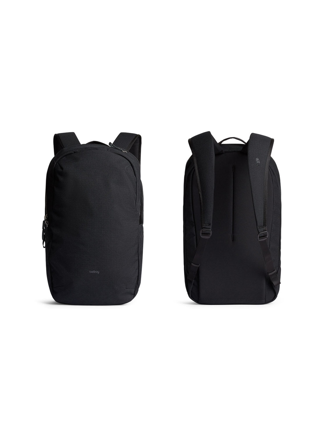 See the Bellroy Via Backpack - 20L from two angles: a sleek front with a subtle logo, and a back featuring padded straps and a streamlined panel. Made from recycled fabric, it offers a laptop sleeve for your daily essentials.