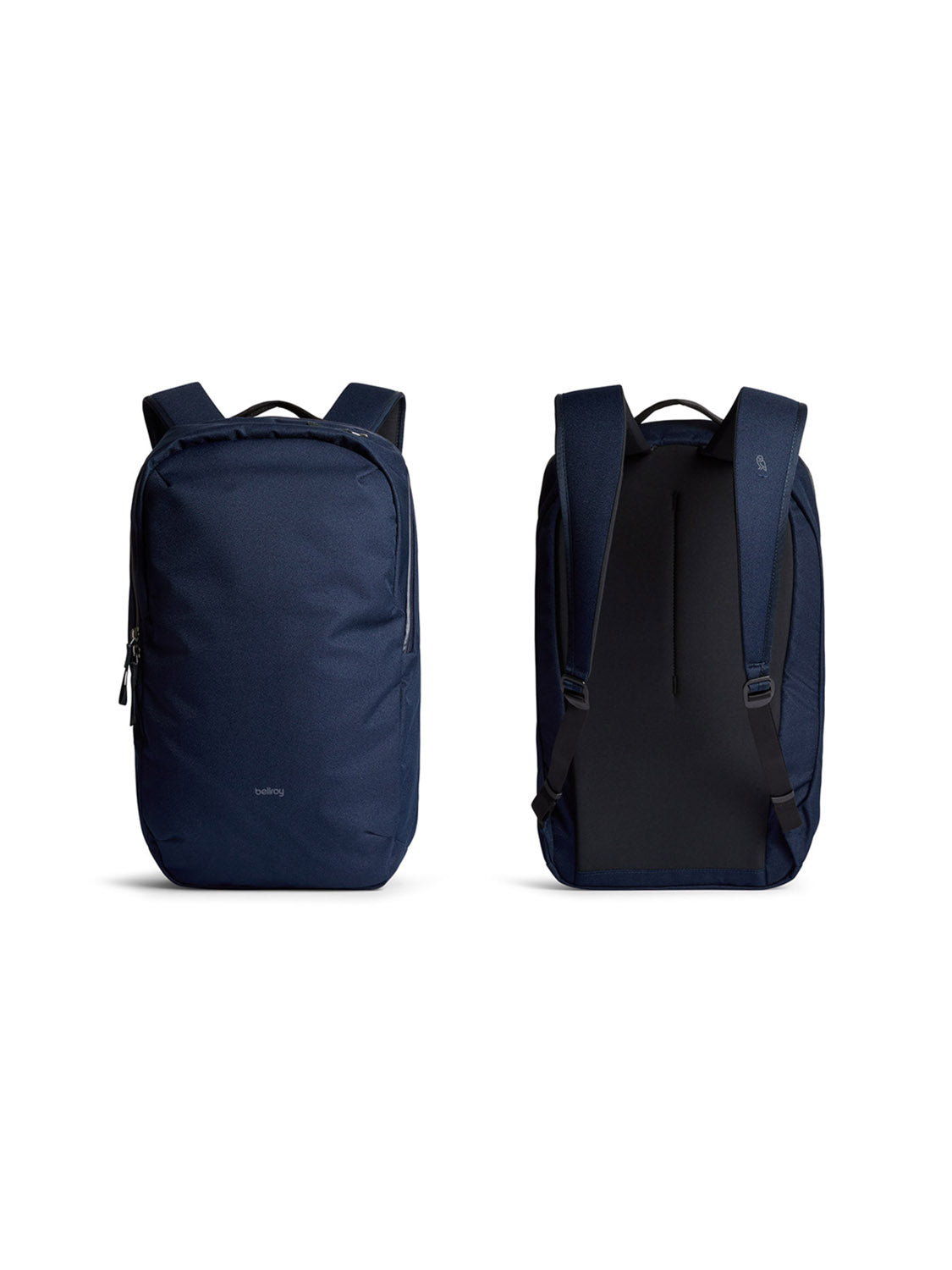 Front and back views of the Bellroy Via Backpack - 20L in navy blue with black straps. The front has a sleek zipper pocket, while the back shows padded shoulder straps, a top handle, and an interior laptop sleeve.