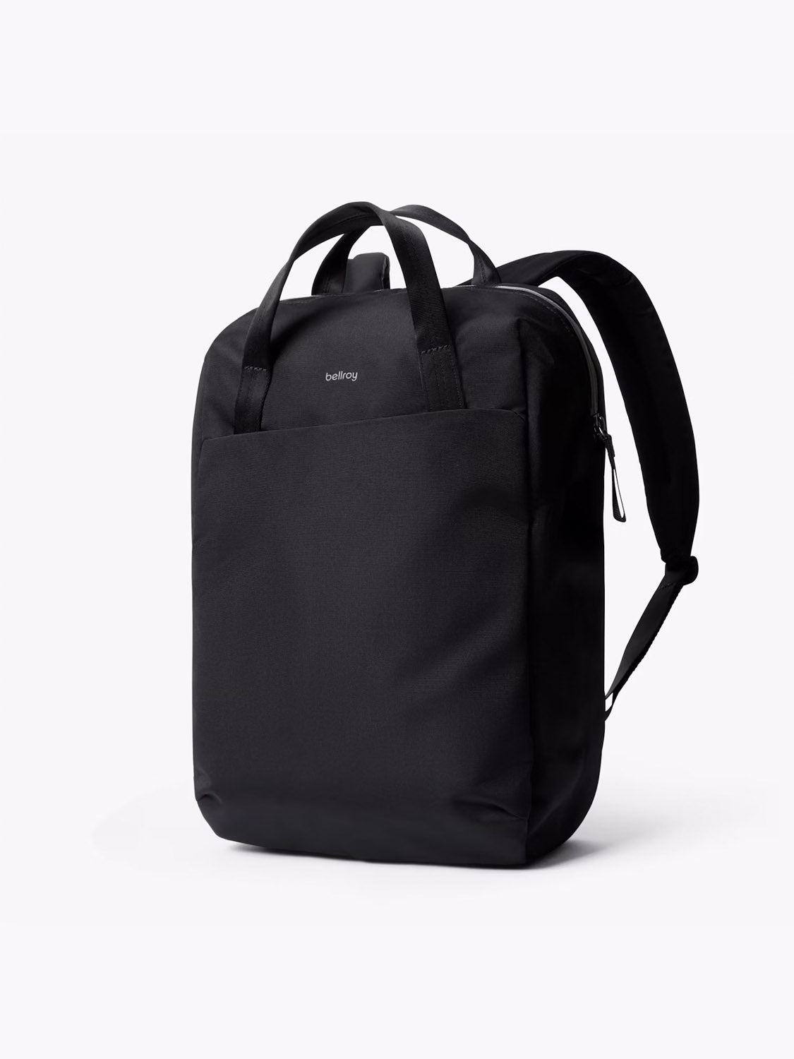 The Bellroy Via Workpack - 18L is a sleek, black, water-resistant laptop backpack with two top handles, a front pocket, and adjustable shoulder straps, shown against a plain white background.