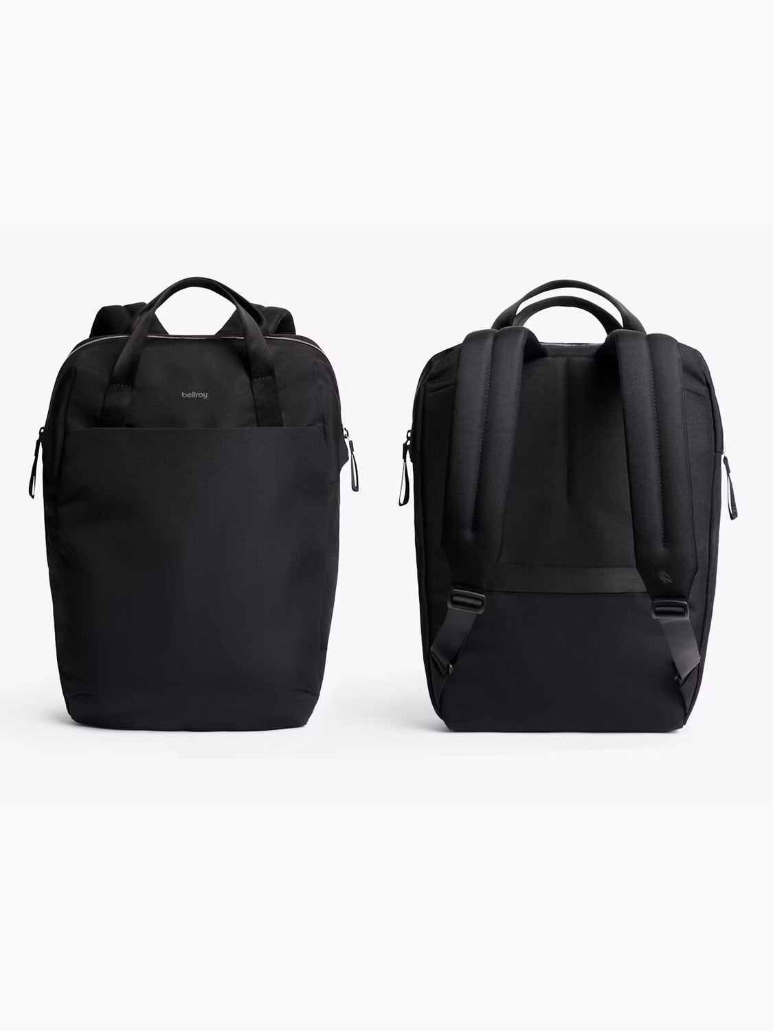 Two views of the Bellroy Via Workpack - 18L in black: the front shows a minimalist zippered design with a small logo, while the back highlights padded shoulder straps and a handle—perfect for commuters.