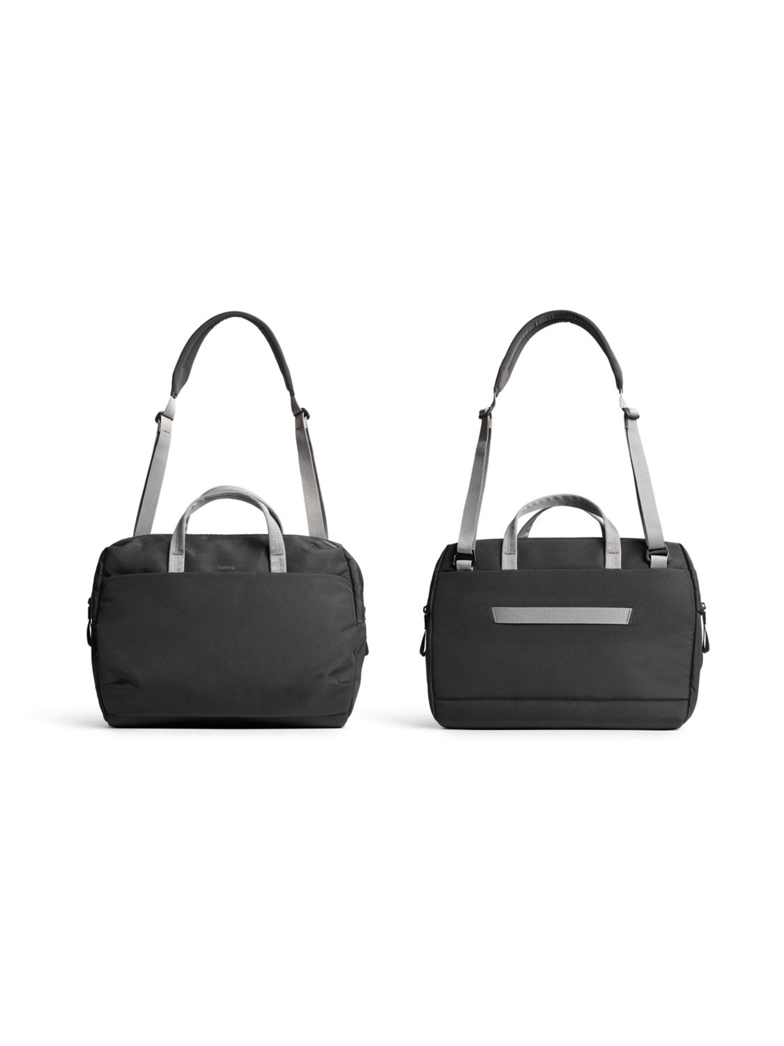 The image shows two Bellroy Via Work Bags (14L) in black, made from recycled fabric. Each has short handles, detachable gray shoulder straps, and a minimalist design, displayed front and back on a white background.