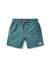 The Katin Poolside Volley shorts by Katin are teal nylon with an elastic waistband, drawstring, side pockets, and a small white label on the bottom left leg. They are shown laid flat on a white background.