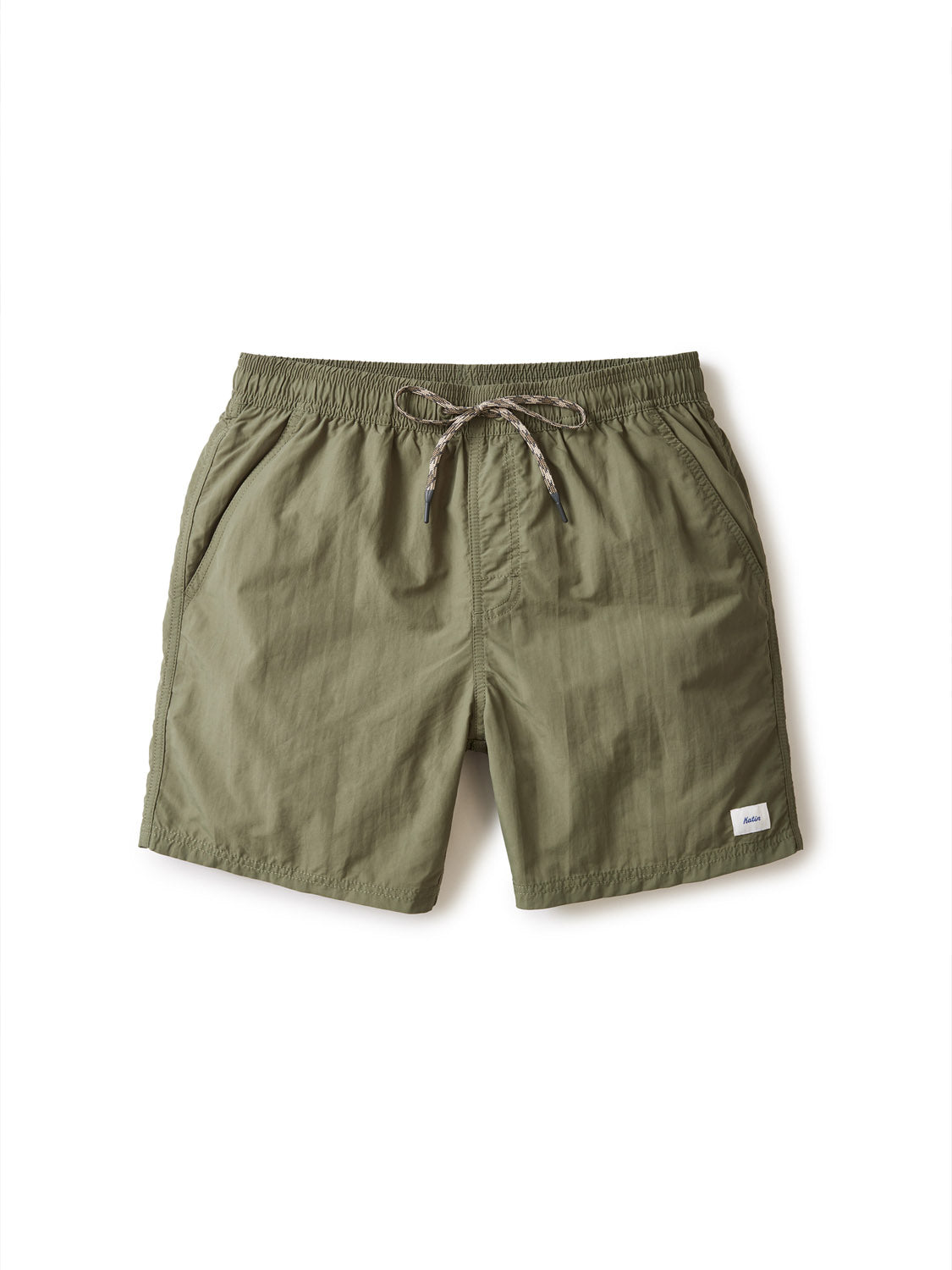Katin Poolside Volley men’s swim trunks in olive green feature an elastic waistband, drawstring, mesh brief lining, side pockets, and a small white Katin logo tag on the left hem, shown on a white background.