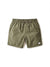 Katin Poolside Volley men’s swim trunks in olive green feature an elastic waistband, drawstring, mesh brief lining, side pockets, and a small white Katin logo tag on the left hem, shown on a white background.