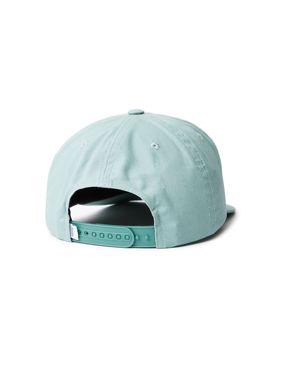 The Katin Voyage Hat by Katin is a teal cotton twill baseball cap with a round button on top. It features an adjustable strap with plastic snaps and offers custom embroidery for personalization.