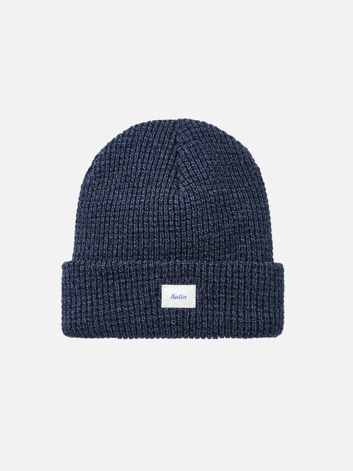 The Katin Wade Beanie is a navy blue acrylic knit hat with a folded brim and a small white Katin patch on the front, shown on a plain white background—ideal for keeping warm on chilly days.