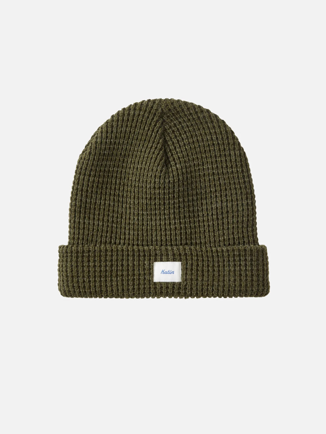 The Katin Wade Beanie is a ribbed olive green acrylic knit hat with a folded brim and a small white front tag, shown on a plain white background—ideal for cold-weather wear.