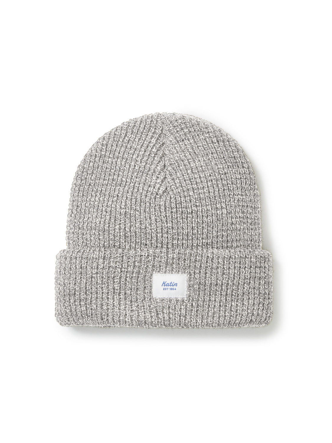 The Katin Wade Beanie is a gray acrylic knit hat with a folded brim and a small white rectangular front label, ideal for cold-weather days.