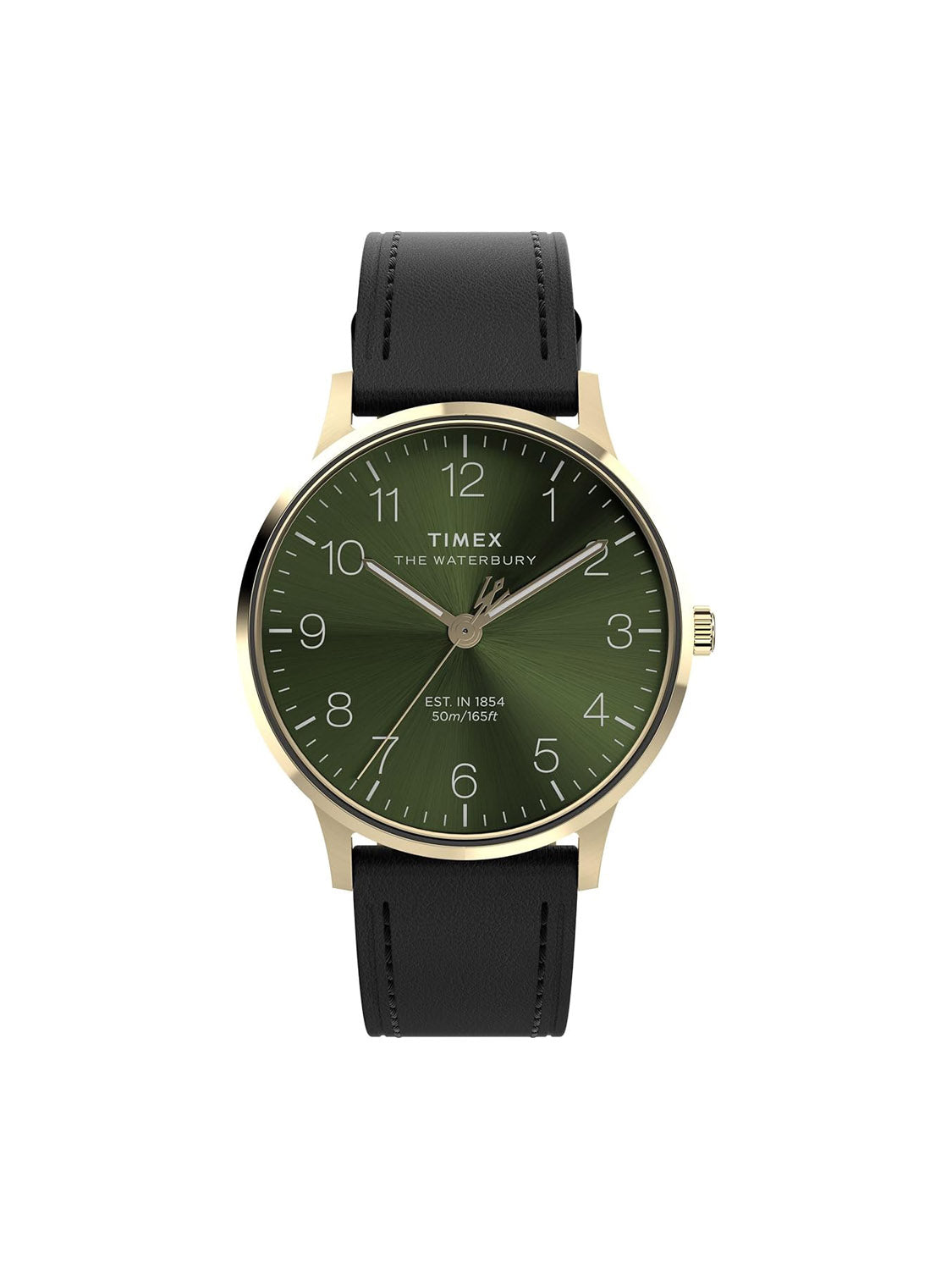 The Timex Waterbury Classic 40mm features a gold-tone case, green sunray dial with white Arabic numerals, black leather strap, and is water resistant up to 50 meters.