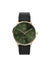 The Timex Waterbury Classic 40mm features a gold-tone case, green sunray dial with white Arabic numerals, black leather strap, and is water resistant up to 50 meters.