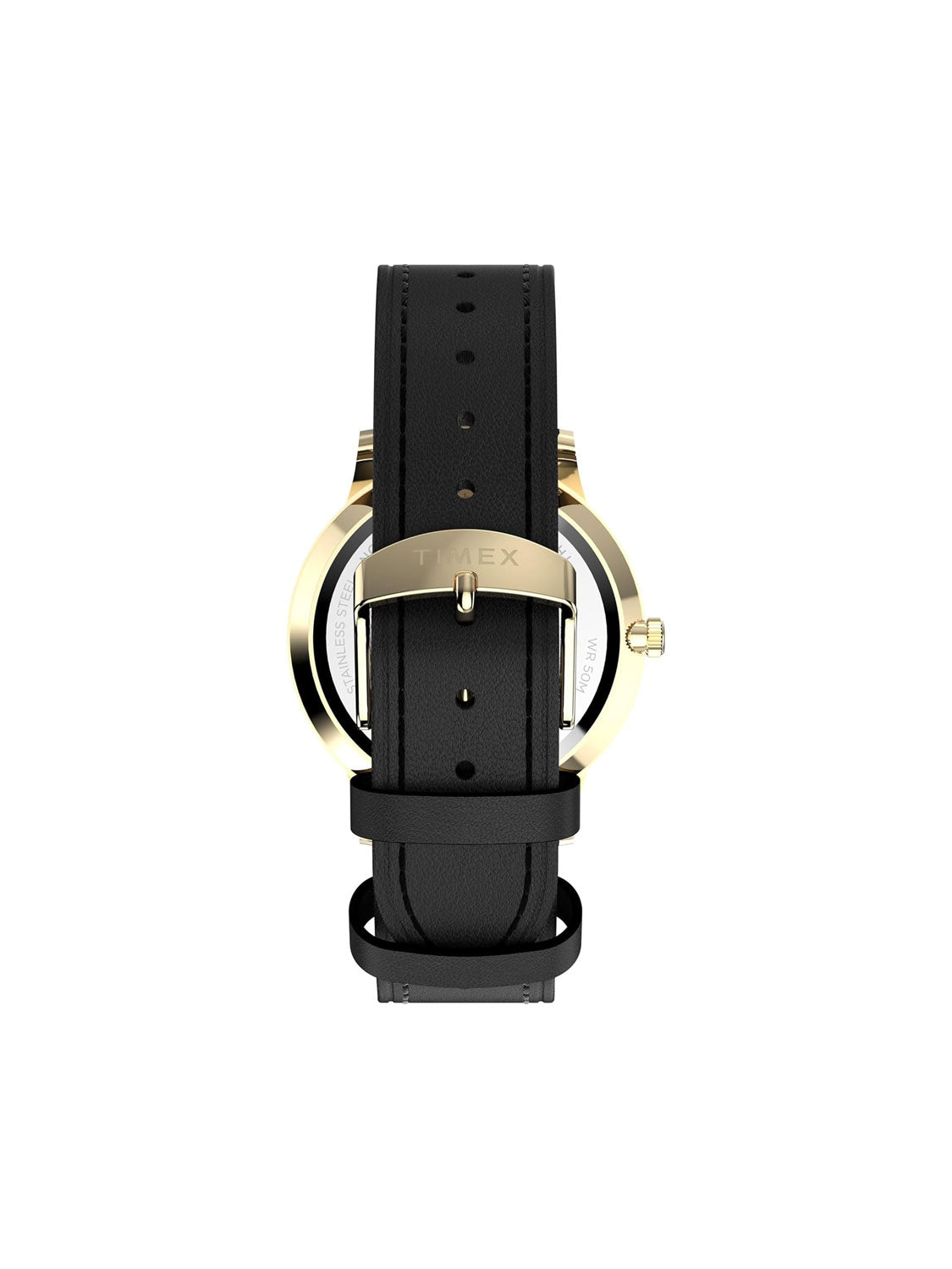 The Timex Waterbury Classic 40mm features a black leather strap with a gold buckle engraved with TIMEX, shown from the back. The gold-tone stainless steel case is partially visible behind the strap.