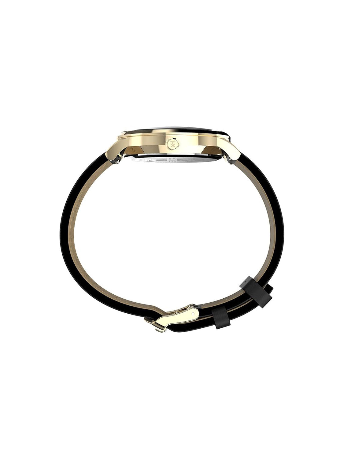 Side view of the Timex Waterbury Classic 40mm watch in gold-tone stainless steel with a black bezel and black leather strap with metal buckle, shown against a white background.
