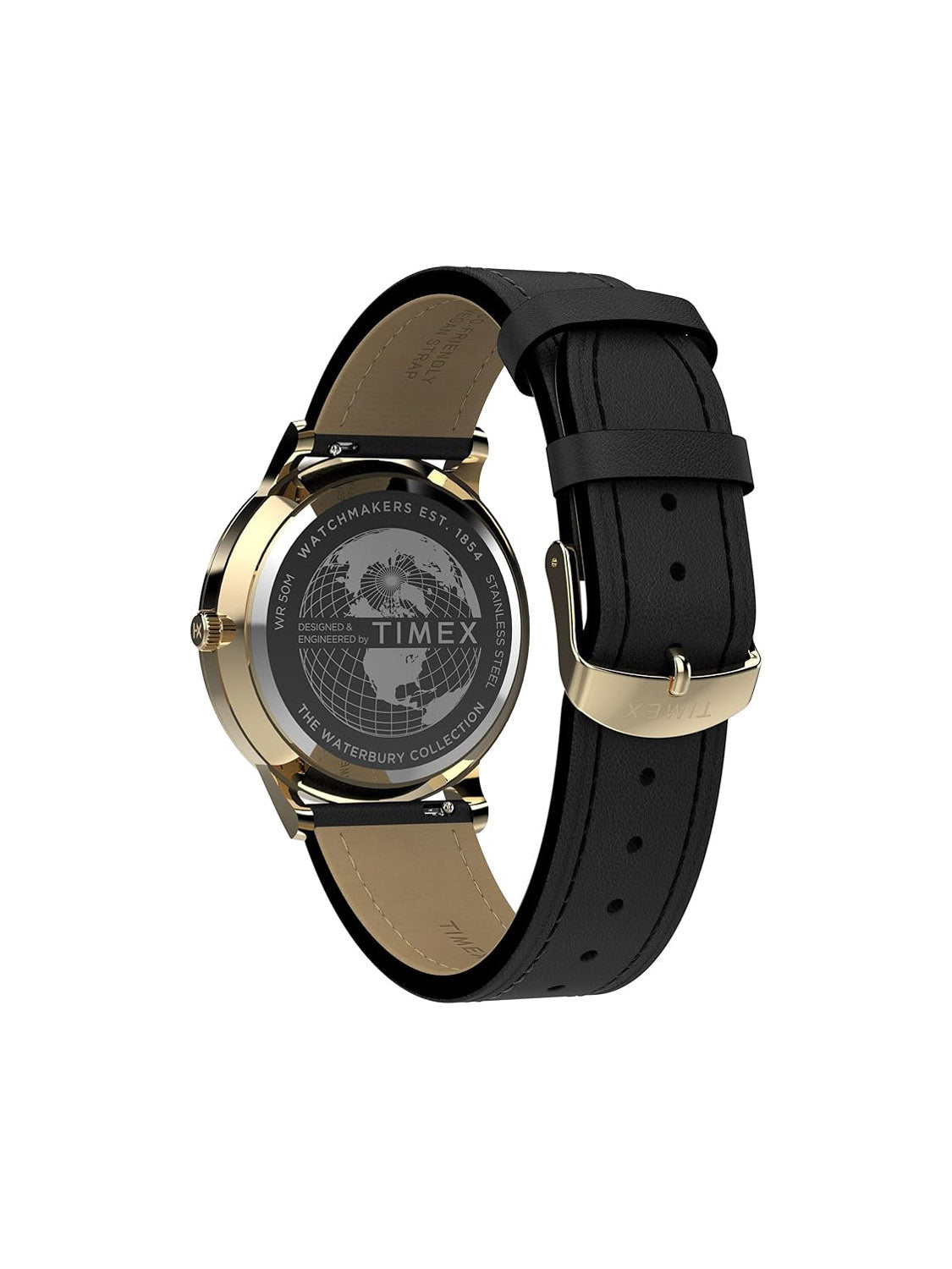 The Timex Waterbury Classic 40mm features a gold-tone stainless steel case, black leather strap, and a black dial. The back displays a globe design with WATCHMAKERS EST. 1854 TIMEX THE WATERBURY COLLECTION.