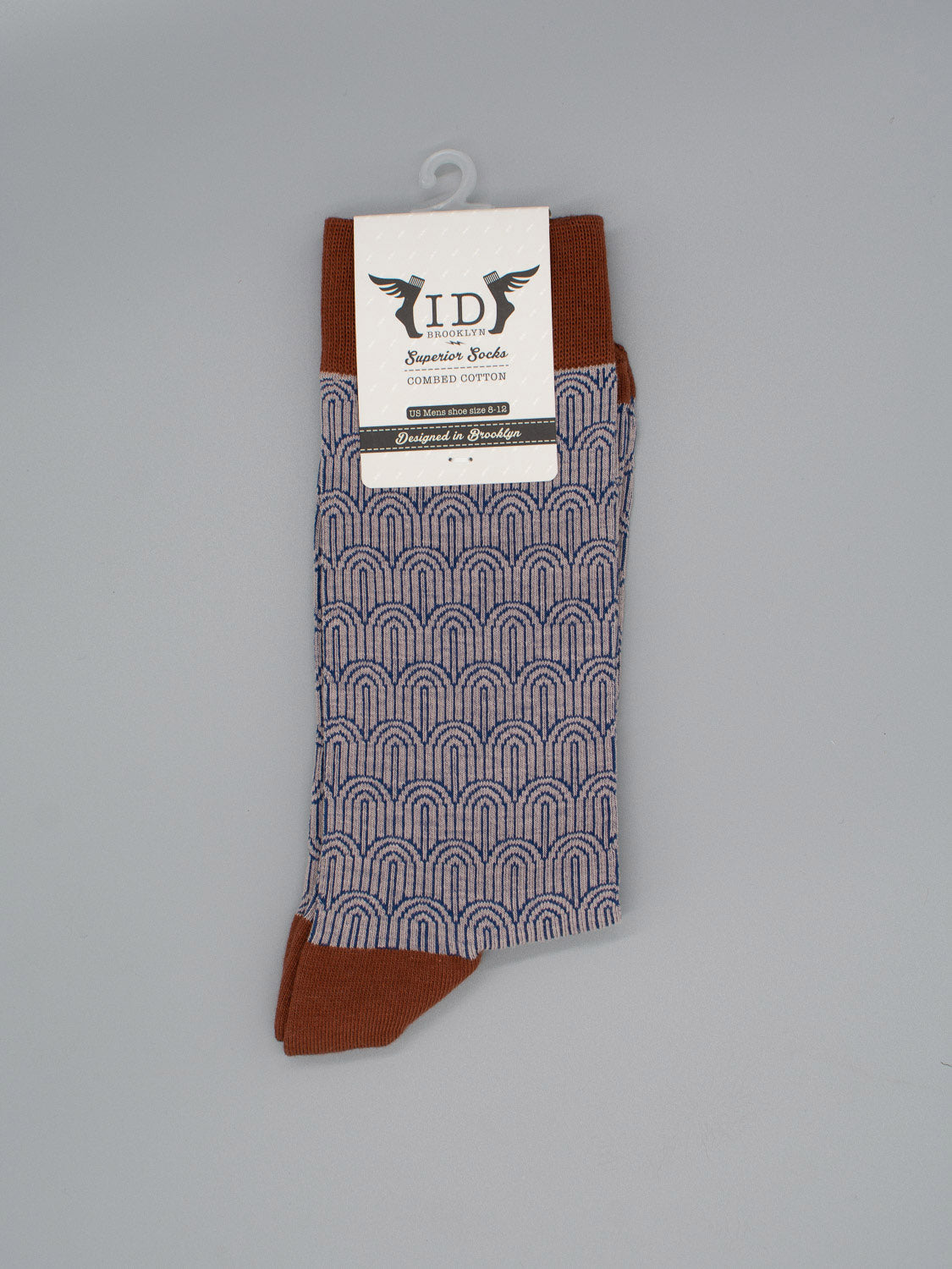 Waterfall Graphic Socks by ID Menswear: high-quality combed cotton, brown toe/heel/cuff, blue arch pattern on light grey. Fits mens shoe size 8-12. Socks are folded with a white label at the top.