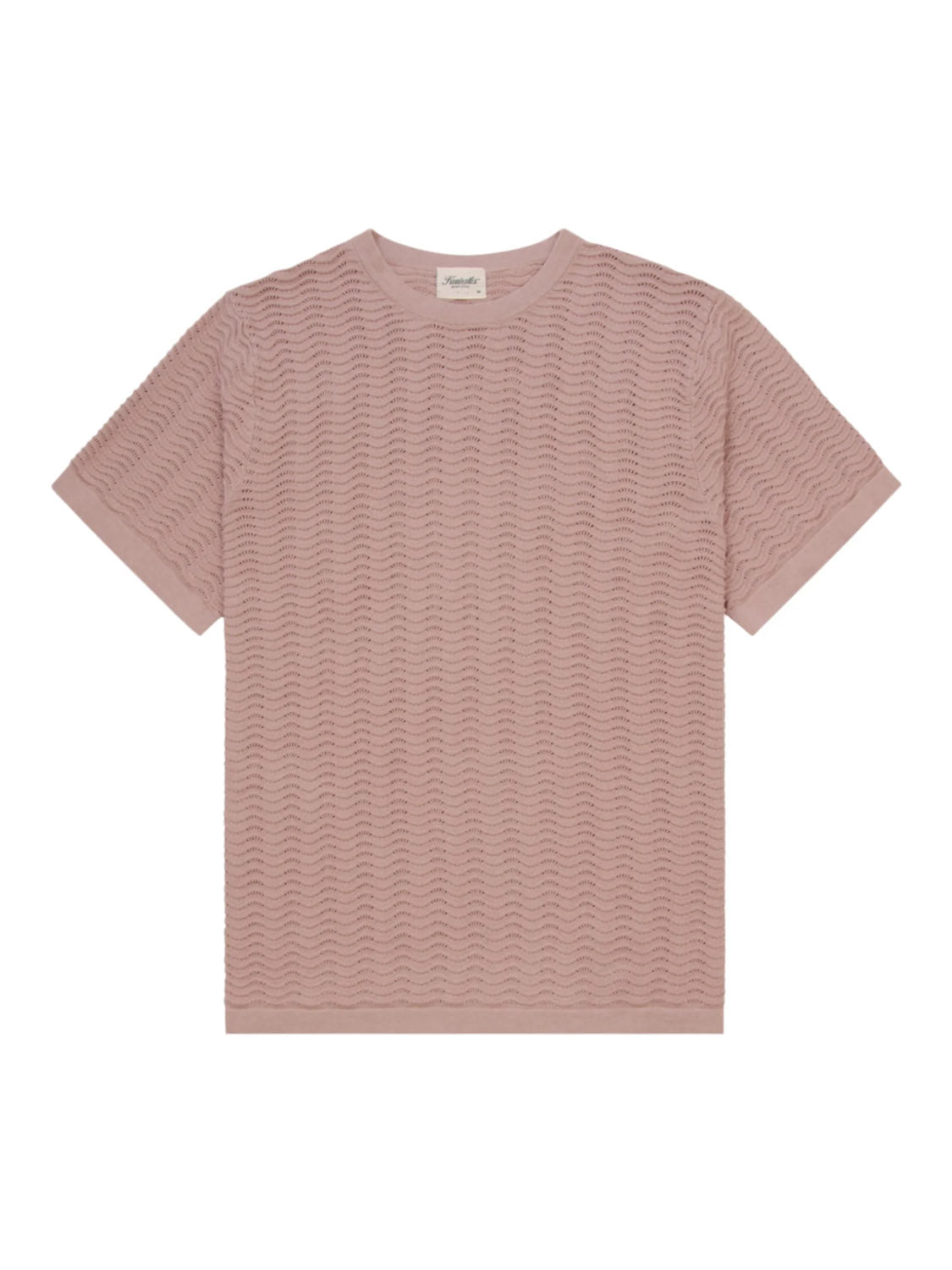 The Kuwalla Wave Knit Polo by Kuwalla is a tan t-shirt with a textured wave knit pattern. Made from 100% cotton, it features short sleeves and a round neckline, displayed flat on a white background.