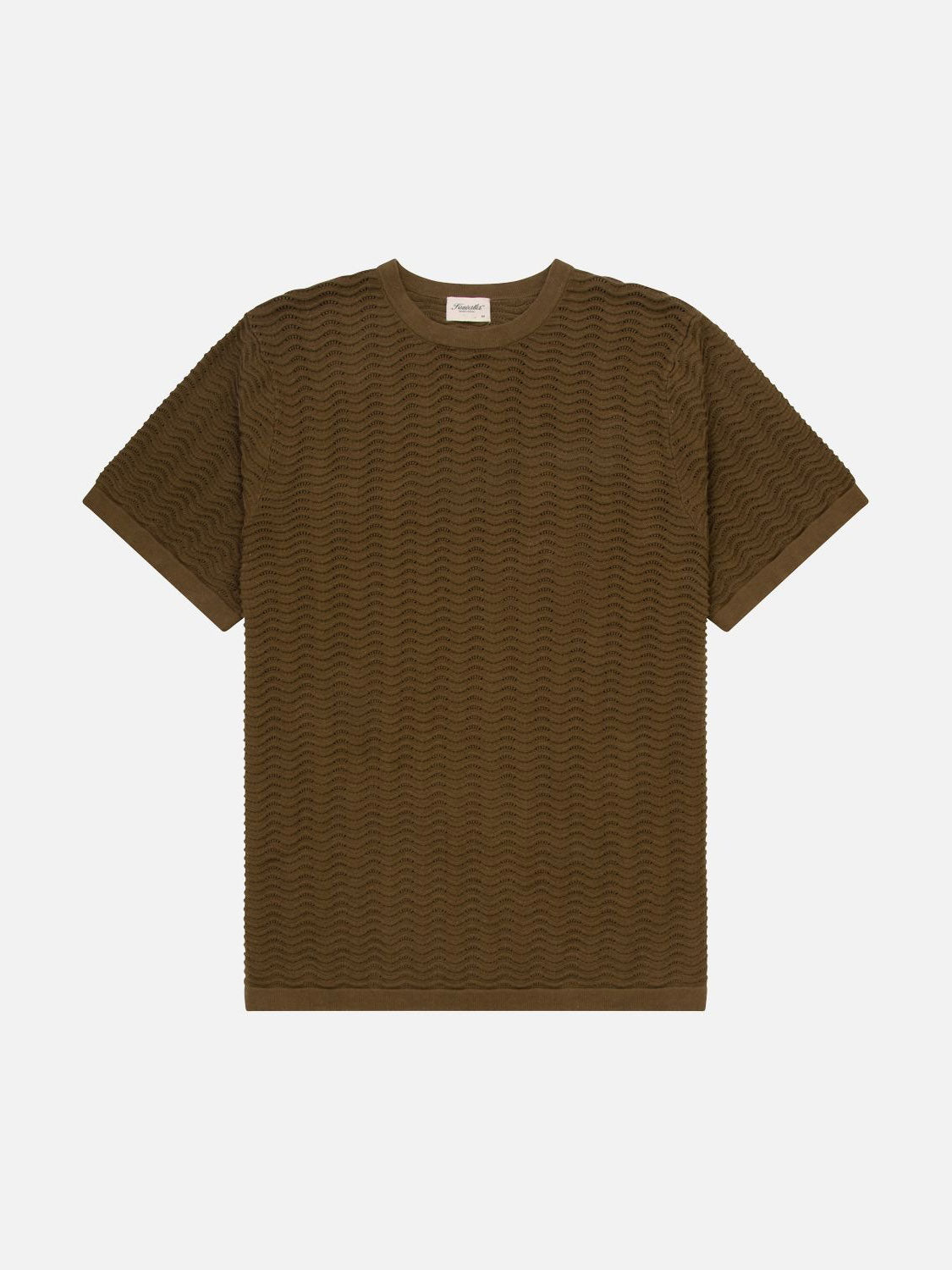 The Kuwalla Wave Knit Tee is a versatile olive green T-shirt with a textured wave knit pattern, short sleeves, and a crew neckline on a white background. Lightweight and breathable, this Kuwalla piece is perfect for any casual outing.