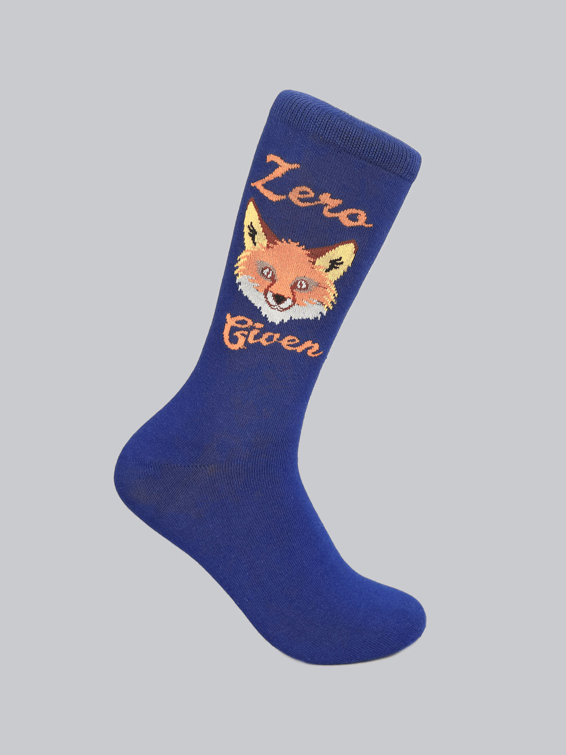 The Zero Fox Given Graphic Sock by ID Menswear showcases a fox-inspired design with an orange fox face and Zero Given embroidered. Made from premium combed cotton, this blue sock offers stylish comfort against a light grey background.