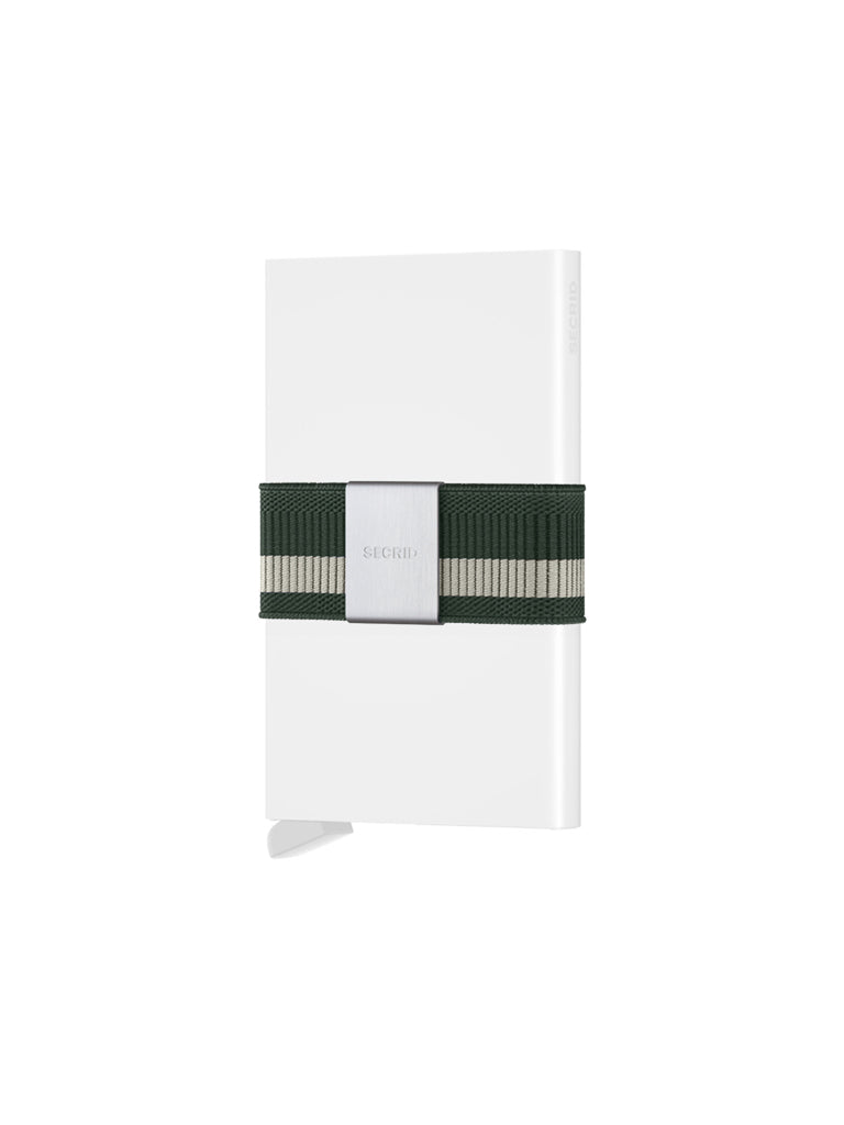 A sleek white Secrid Money Band Cardprotector Add-on with a green and gray striped moneyband and a silver SECRID clasp, displayed against a white background.
