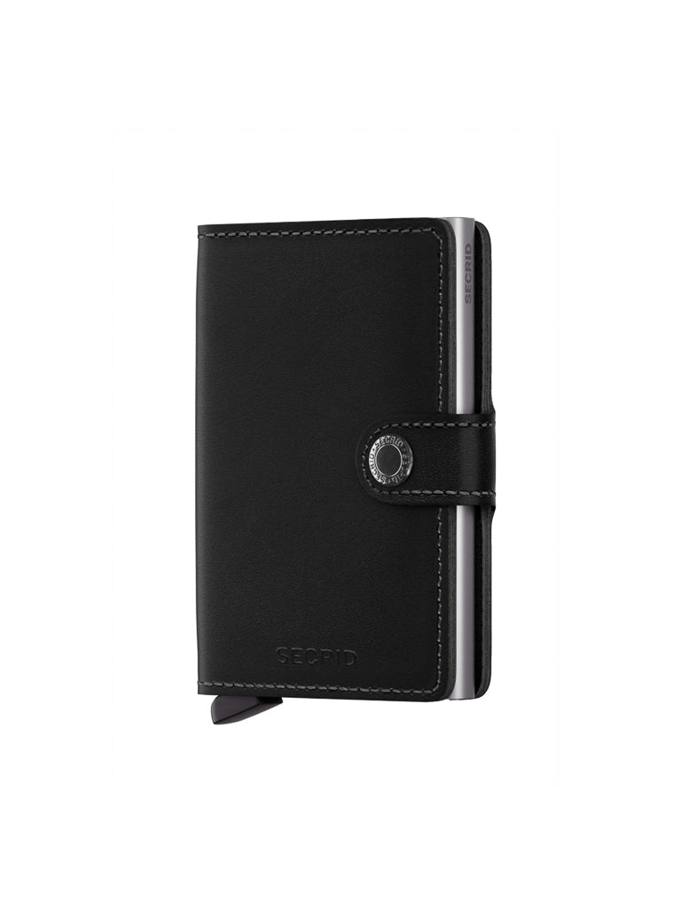 The Secrid Miniwallet Original is a black leather RFID wallet with white stitching, snap button closure, and a visible metal card holder edge on the right—designed for both style and security.