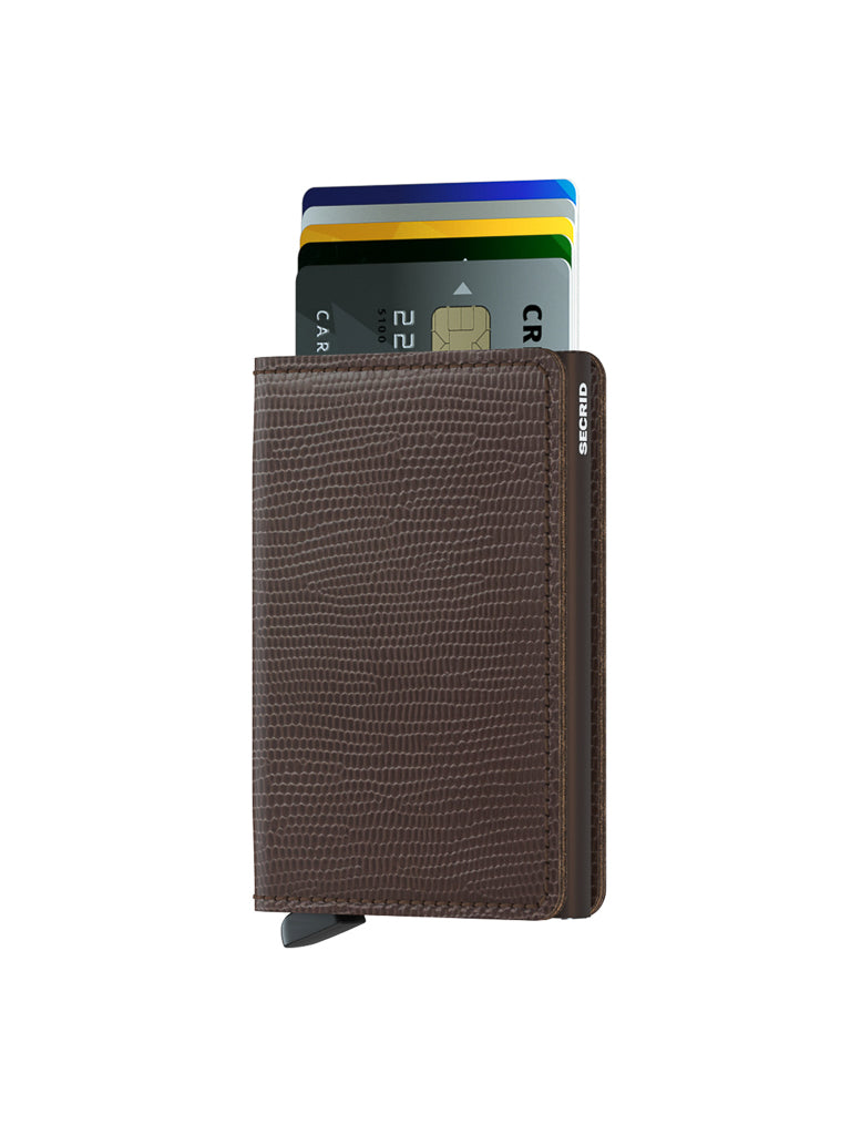 The Secrid Slimwallet Rango Brown Leather is a textured European leather RFID wallet with a bottom tab, shown on a white background. Several credit cards are partially visible at the top.