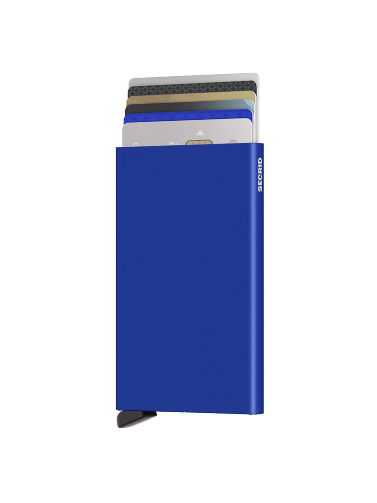 The Secrid Cardprotector Minimal Wallet in blue features a side button and securely holds multiple stacked, partially visible credit or bank cards.