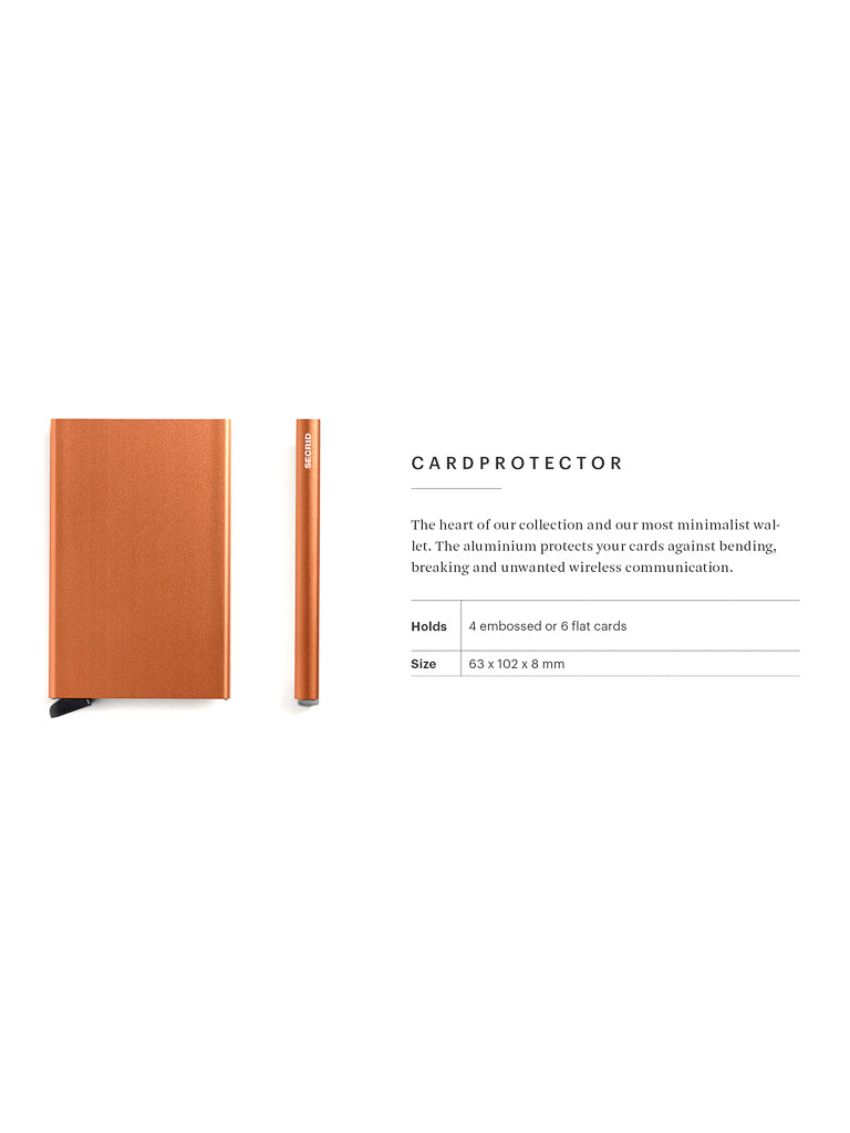 The Secrid Cardprotector Minimal Wallet, shown in orange aluminum from the front and side, is RFID safe, holds up to 6 cards, and measures 63 x 102 x 8 mm.