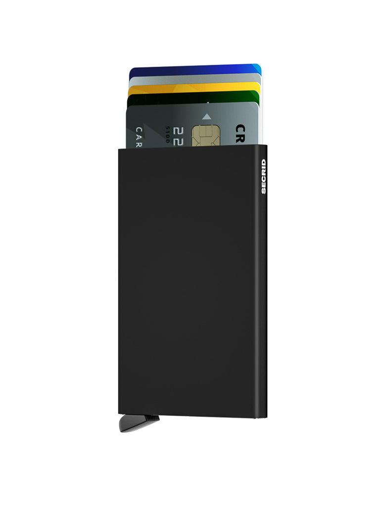 The Secrid Cardprotector Minimal Wallet is a slim black RFID-safe wallet with a side button, stacking several payment cards partially visible inside—combining style and security in an ideal minimal design.