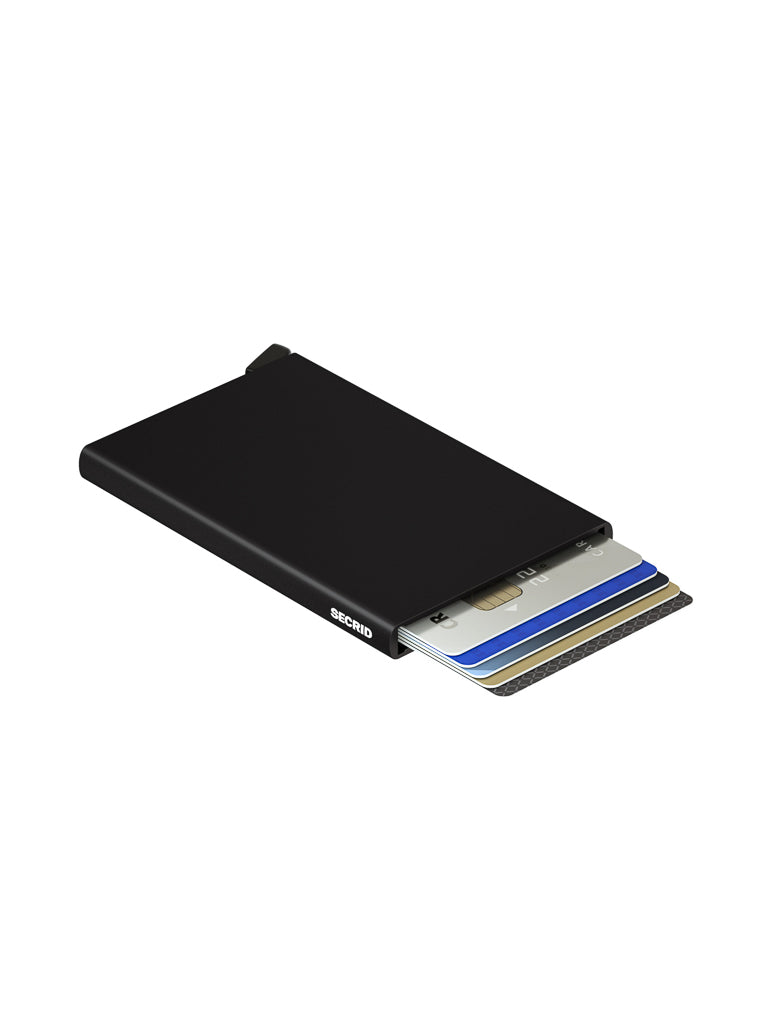 The Secrid Cardprotector Minimal Wallet, in sleek black, is shown on a white background with four credit cards partially extended from one end.