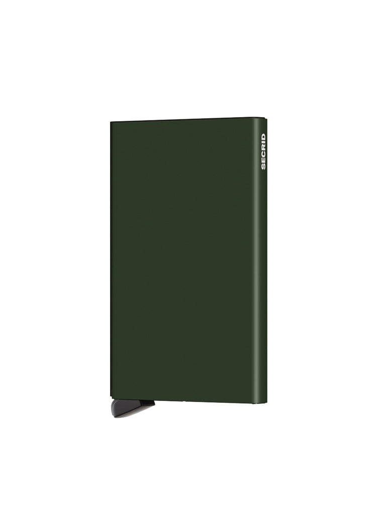 The Secrid Cardprotector Minimal Wallet is a dark green, rectangular, RFID-safe wallet featuring a sleek design, a small lever at the bottom corner, and the Secrid logo near the top, displayed against a plain white background.