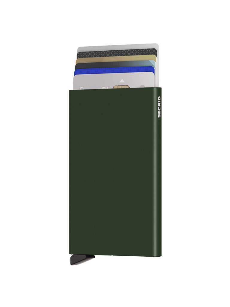 The Secrid Cardprotector Minimal Wallet is a dark green minimalist cardholder with a small black lever and vertical Secrid branding. RFID safe, it securely holds several credit cards, partially visible inside.