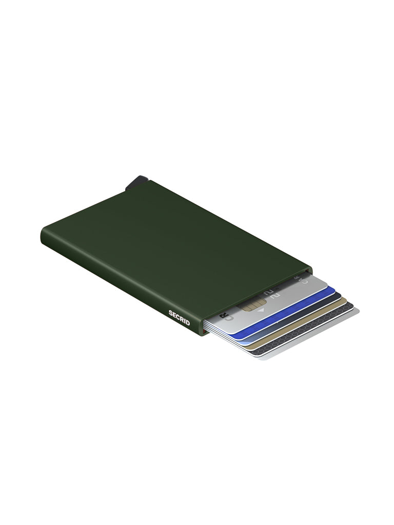 A slim, dark green Secrid Cardprotector Minimal Wallet partially ejects five payment cards in a staggered layout. This RFID-safe wallet offers secure, stylish storage against a crisp white background.