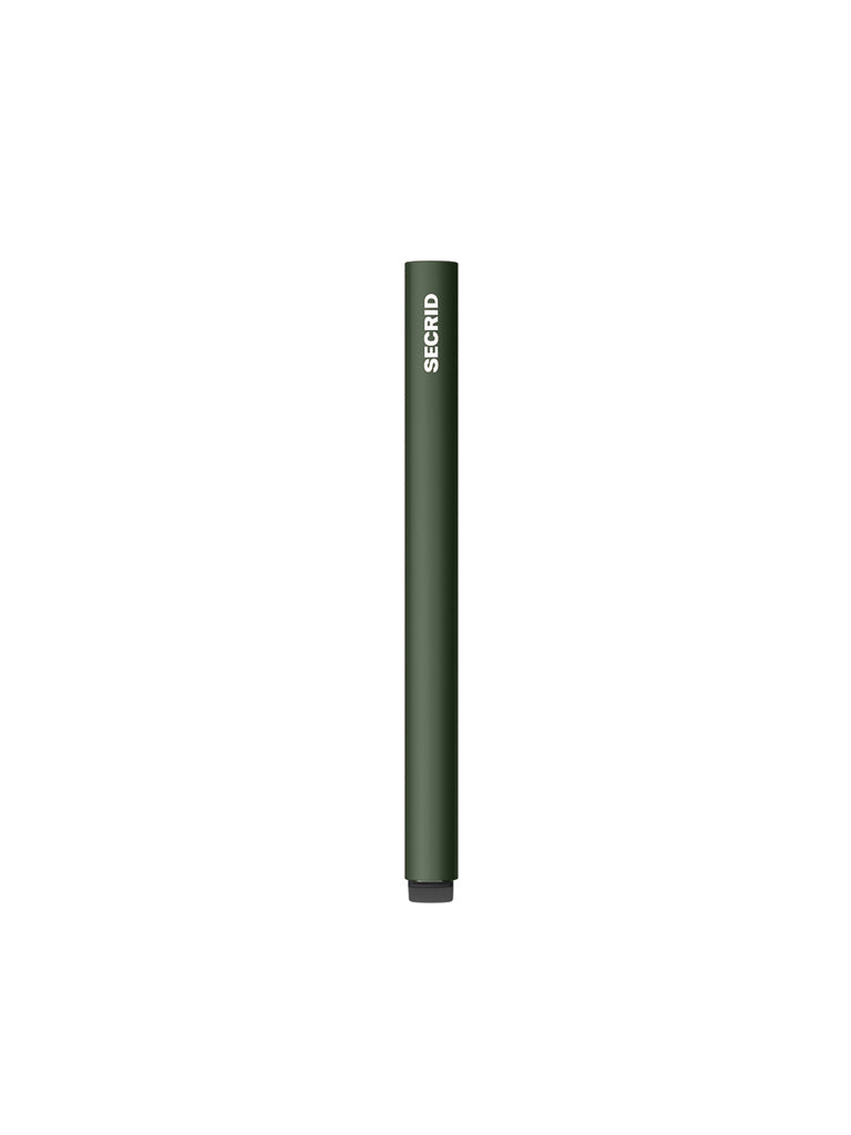 A slim, dark green Secrid Cardprotector Minimal Wallet stands upright on a plain white background, featuring "SECRID" in white lettering near the top of its cylindrical design.