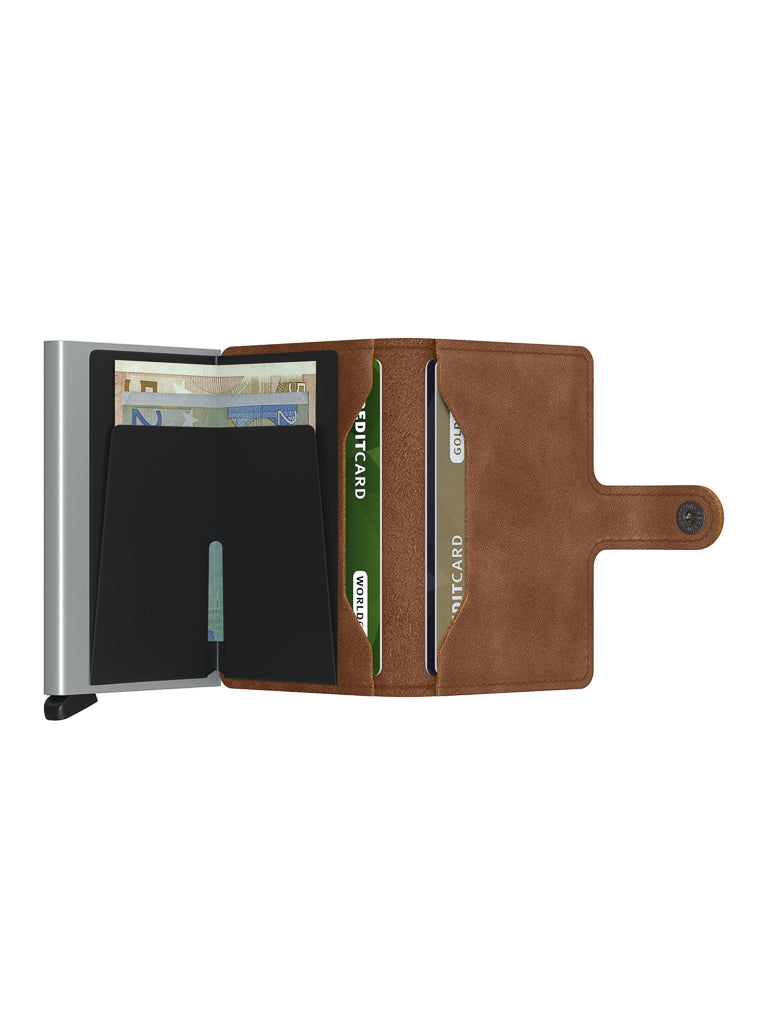 The Secrid Miniwallet Vintage Leather is open on a white background, showing cash, credit cards, and extra storage sections, with a secure snap closure.
