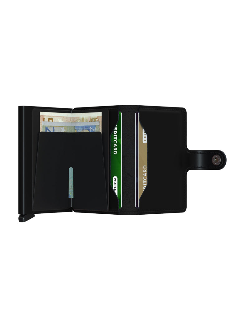 The Secrid Miniwallet Matte Finish Leather is shown open on a white background, displaying euro banknotes, two credit cards, and a snap-button closure.