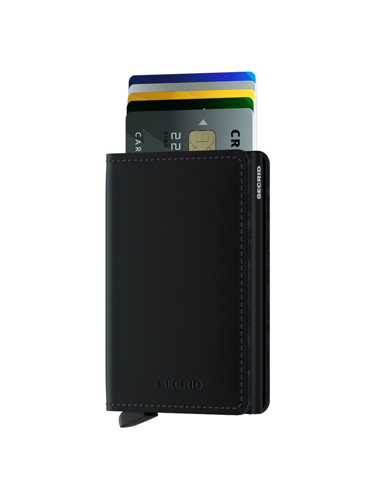 A Secrid Slimwallet Matte Finished Leather in black, shown with four credit cards partially extended against a white background. This RFID wallet ensures style and security with its sleek, slim leather design.