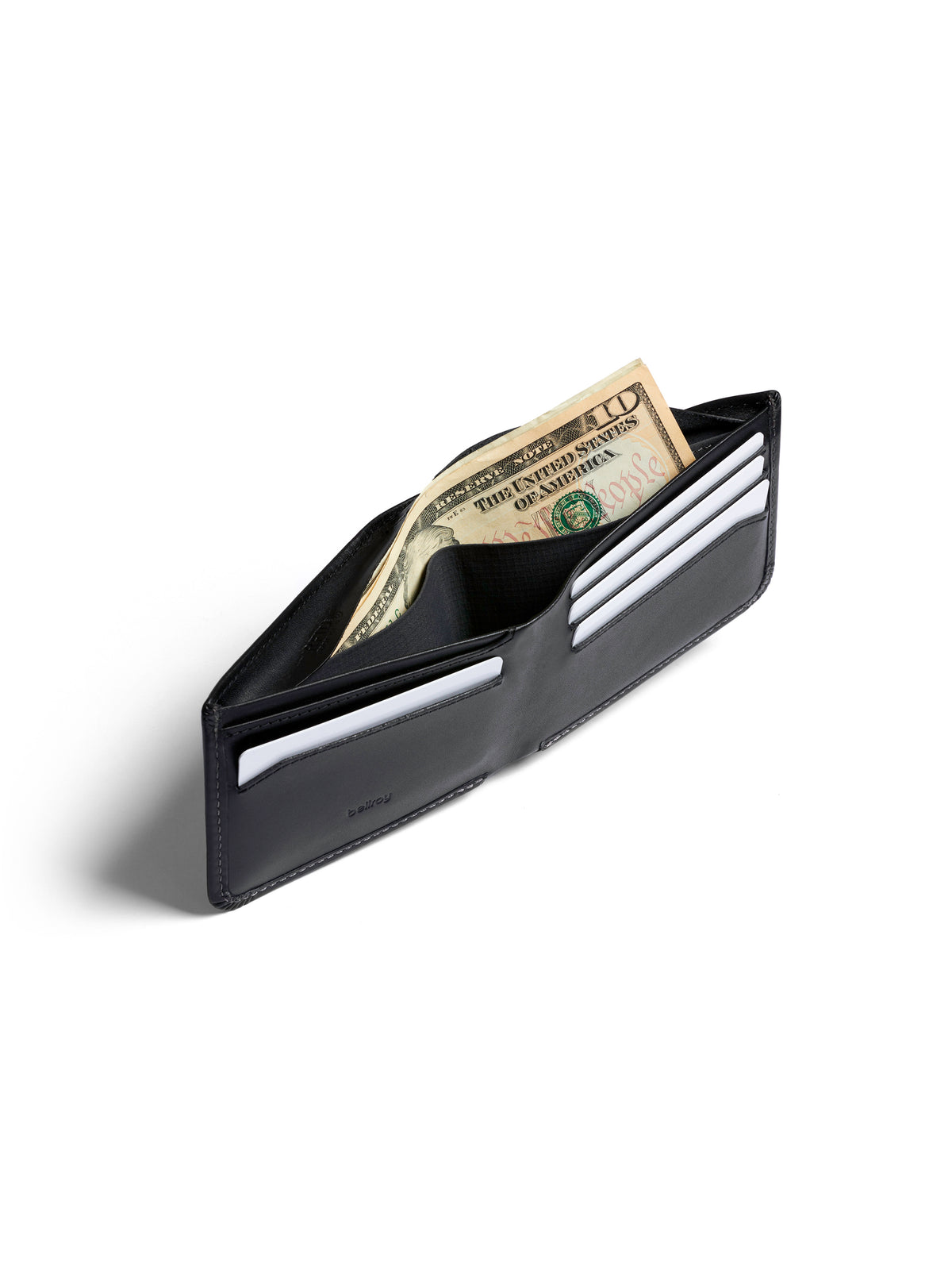 The Bellroy Hide and Seek Low Wallet, a black leather bi-fold crafted from eco-tanned leather, is open on a plain white background, revealing several paper currency bills. It features multiple card slots and a hidden coin pouch.