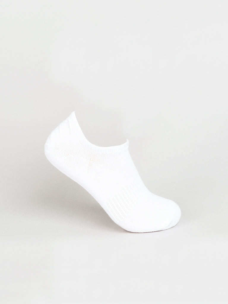 On a plain light background, an ID Menswear No Show Ribbed Sock stands upright. Made from combed cotton, its textured ribbed detailing suggests softness and breathability for ultimate comfort.