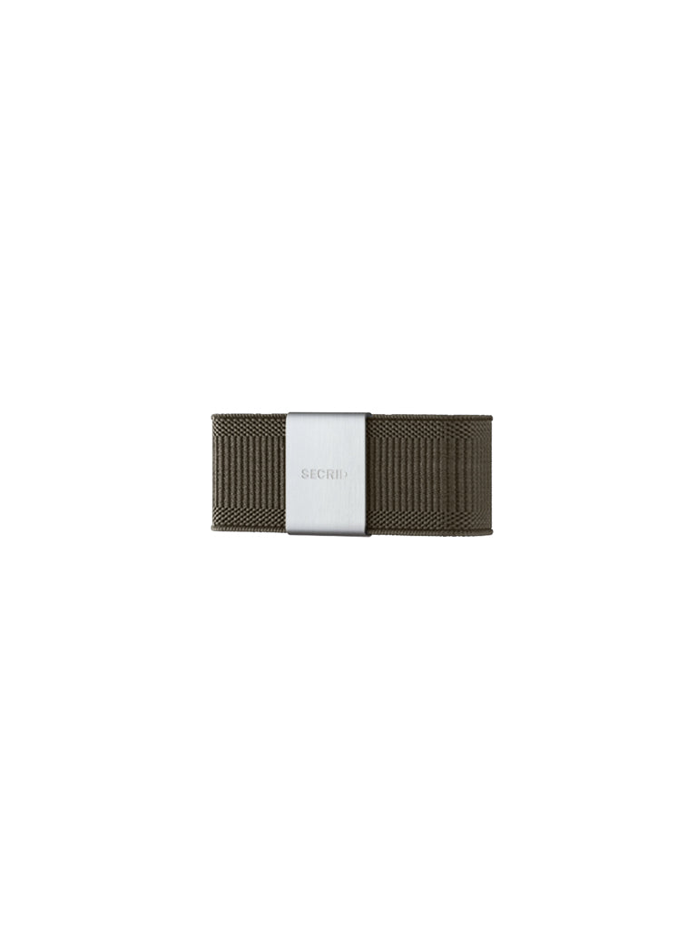 The Secrid Money Band Cardprotector Add-on is a khaki green wallet band with a silver clasp labeled "SECRID," designed to complement your Secrid Cardprotector, shown on a plain white background.