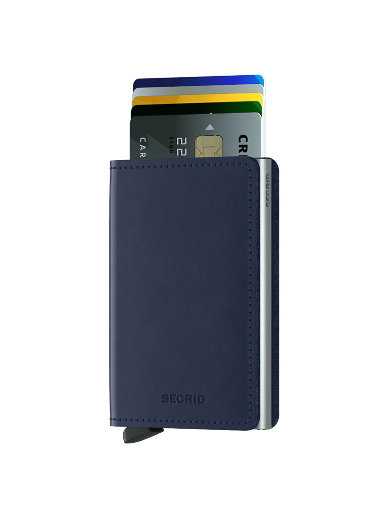The Secrid Slimwallet Original, made from premium European leather in navy blue, features RFID protection and multiple partially ejected cards, shown against a plain white background.