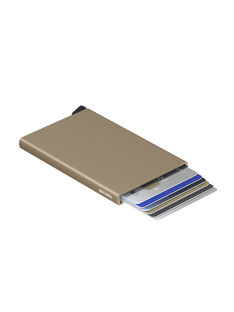 The Secrid Cardprotector Minimal Wallet in beige is a slim, metallic RFID-safe wallet that holds multiple credit cards, shown partially ejected in a staggered arrangement against a white background.