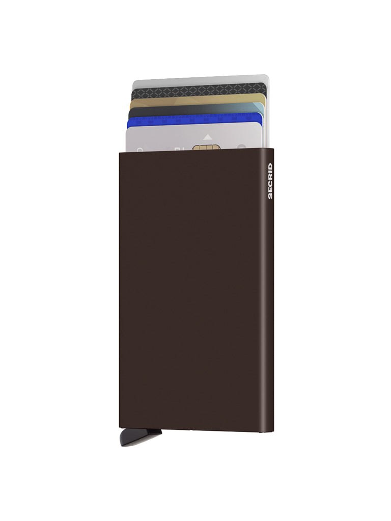 The Secrid Cardprotector Minimal Wallet, slim and dark brown, displays several credit cards at the top and features a small black lever at the bottom, providing RFID-safe security against a white background.