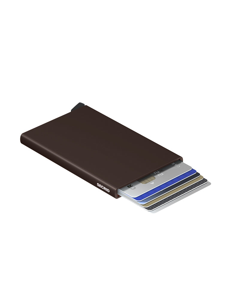 The Secrid Cardprotector Minimal Wallet, a slim brown cardholder with RFID protection, displays multiple credit cards partially extended in a staggered layout on a white background.