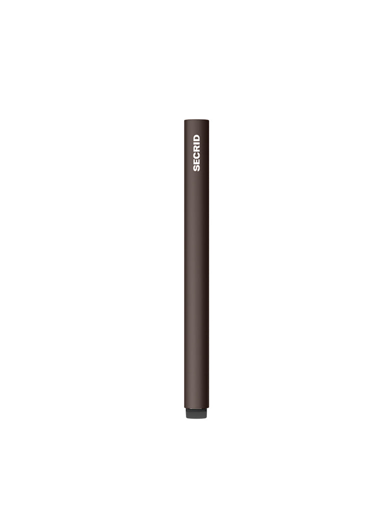 A brown cylindrical pen refill with "Secrid" in white near the top, shown vertically on a plain white background—ideal for use with your Secrid Cardprotector Minimal Wallet.