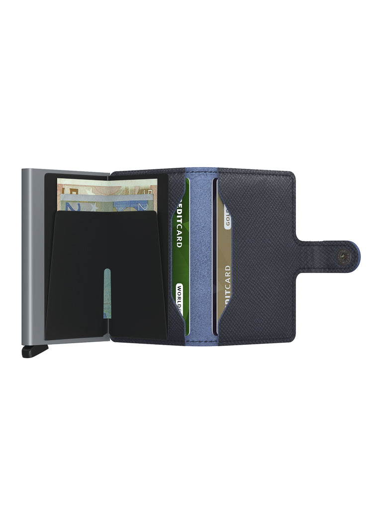 The Secrid Miniwallet Saffiano Leather in black, shown open with a snap button, securely displays euro notes and three credit cards in separate slots, all protected by RFID against a white background.