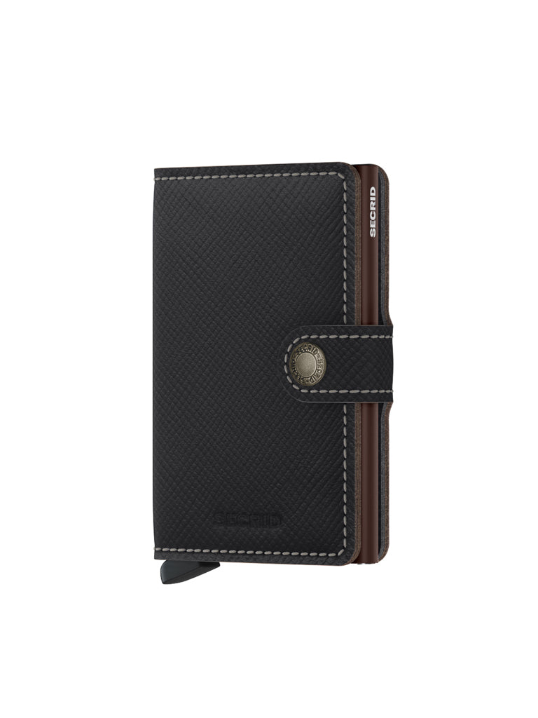 The Secrid Miniwallet Saffiano Leather is a black wallet with textured Saffiano leather, white edge stitching, RFID protection, a snap button closure, and a visible side card slot.
