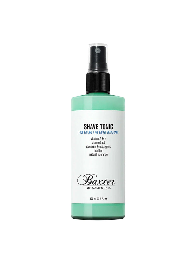 Baxter Shave Tonic is a cooling aftershave for face and beard care that helps prevent ingrown hairs. It comes in a 120 ml (4 fl oz) bottle with a black spray cap and a white label detailing its ingredients and usage.