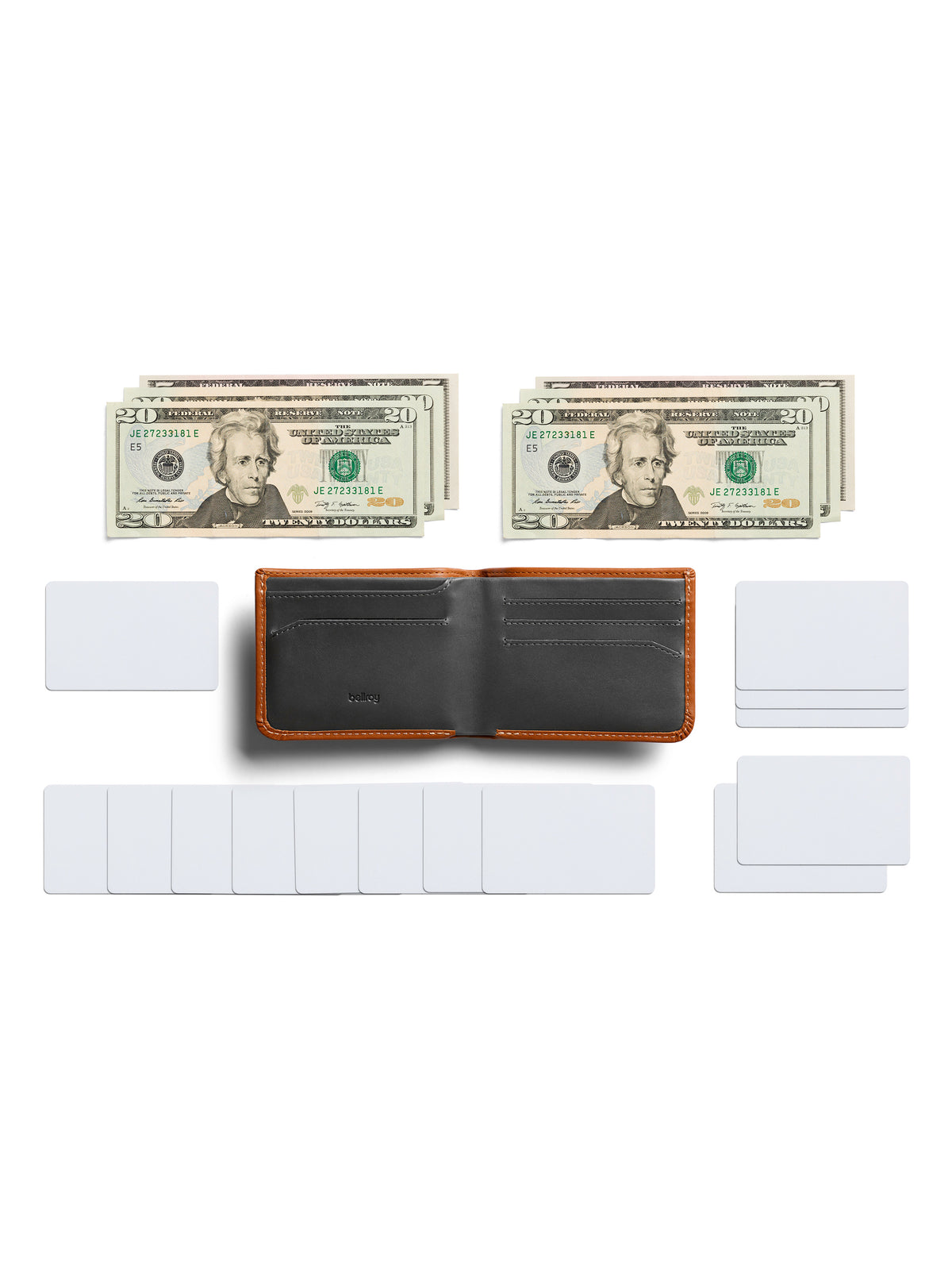 The Bellroy Hide and Seek Low Wallet, crafted from brown and black eco-tanned leather, sits open and empty between stacks of twenty-dollar bills and blank white cards on a white background.