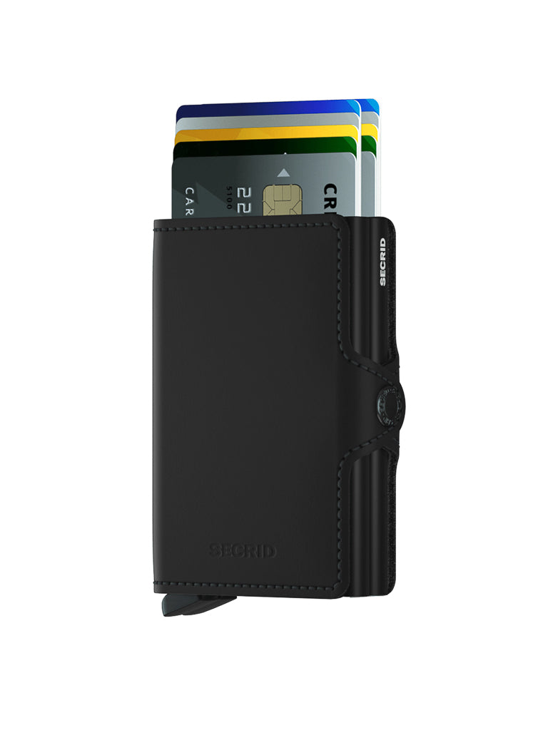 A Secrid Twin Wallet Matte Finished Leather in black is shown on a white background, with several credit cards partially extended from the top. This RFID wallet combines style with security.